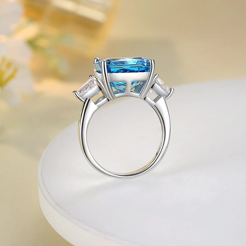 6 Carat S925 Sterling Silver Aquamarine Ring For Women Generous Square Sugar Premium High Carbon Diamond Zircon Colorful Jewelry