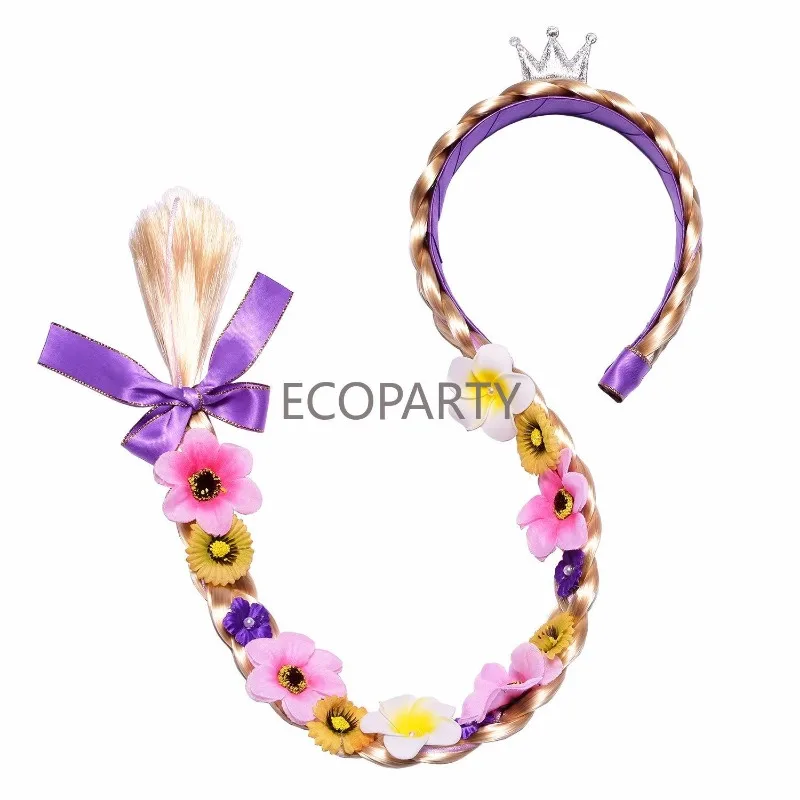 Perruque de princesse Raiponce, bandeaux pour cheveux longs, accessoires de costume avec diadème, guirlande de fleurs pour filles, déguisement d'anniversaire