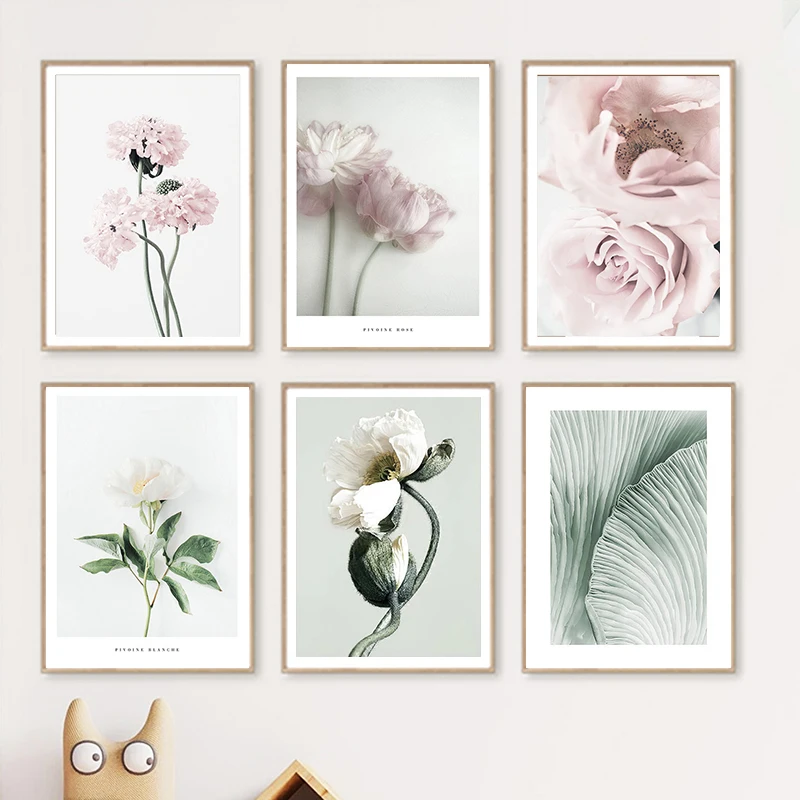 Fresh Pink Flower Painting Canvas Poster and Prints Girl Aesthetic Green Leaves Wall Art Pictures for Living Room Home Decor