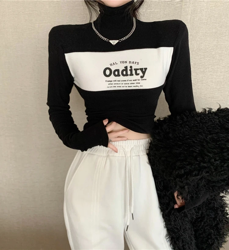 Thickened Long Sleeve T-Shirt Women's High Collar Patchwork Letter Print Fleece Brushed Korean Style Commute Fashion Autumn W...