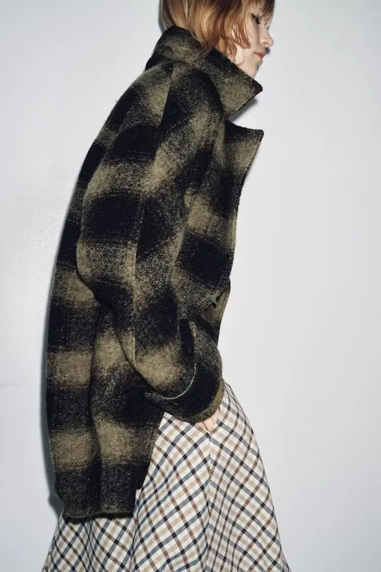 Elegancki płaszcz damski z wełny w kratę z klapami, jednorzędowy, z długim rękawem, z kieszeniami, luźny płaszcz wierzchni, damski płaszcz jesieni do pracy i na ulicę.