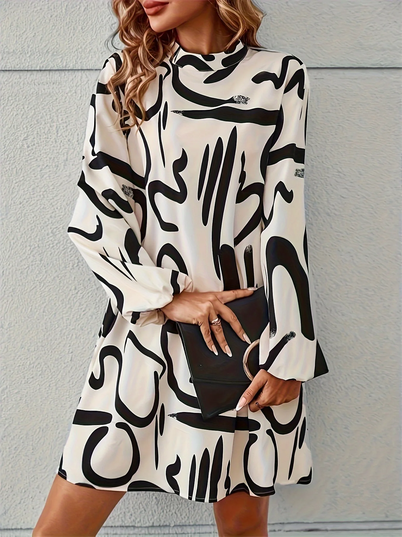

Women's Dress 2024 Graphic Print Mock Neck Lantern Sleeve MIdi Dress Long Sleeve Women's Clothing Long Puff Sleeve Dress