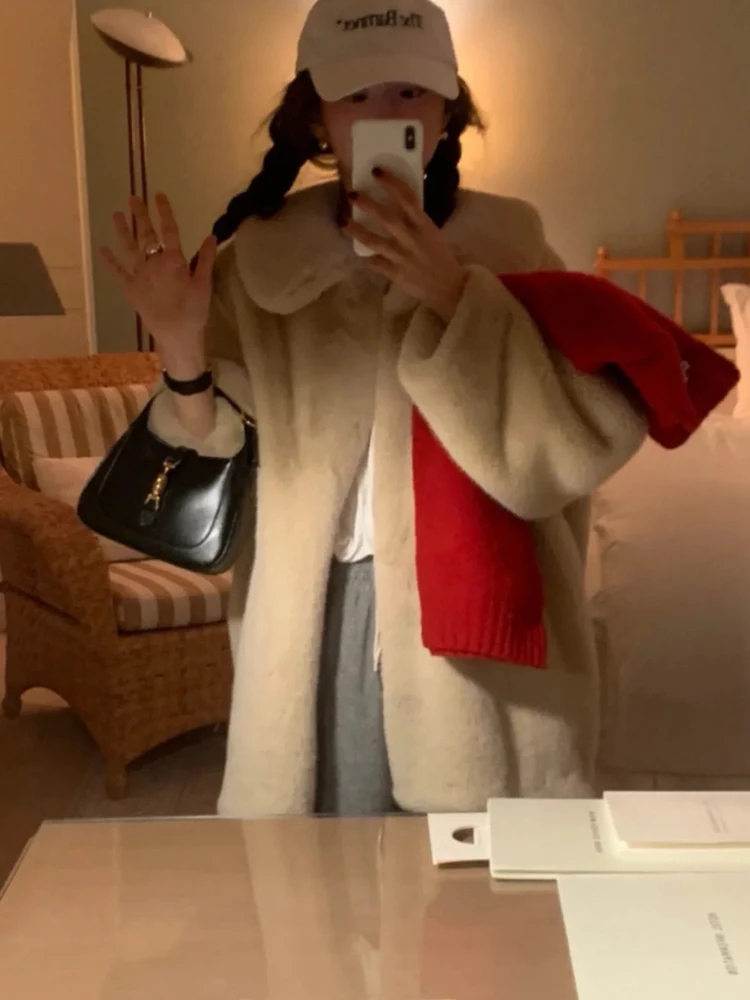 

Soft Plu Fur Coat Sle Large Collar Women's Loose Fit Warmth Synthetic Leather Jaet Medium Length Soft Sle