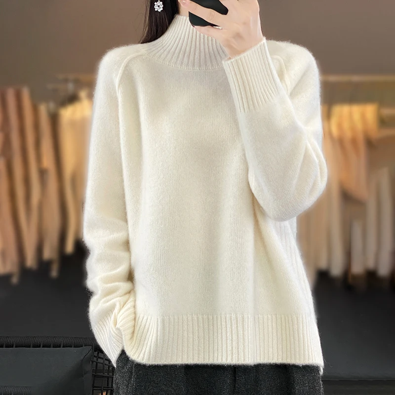 Turtleneck 100% Wool Sweater Women Fashion Solid Split Clothes Autumn Winter New Casual Tops Knitted Long Sleeve Female Pullover