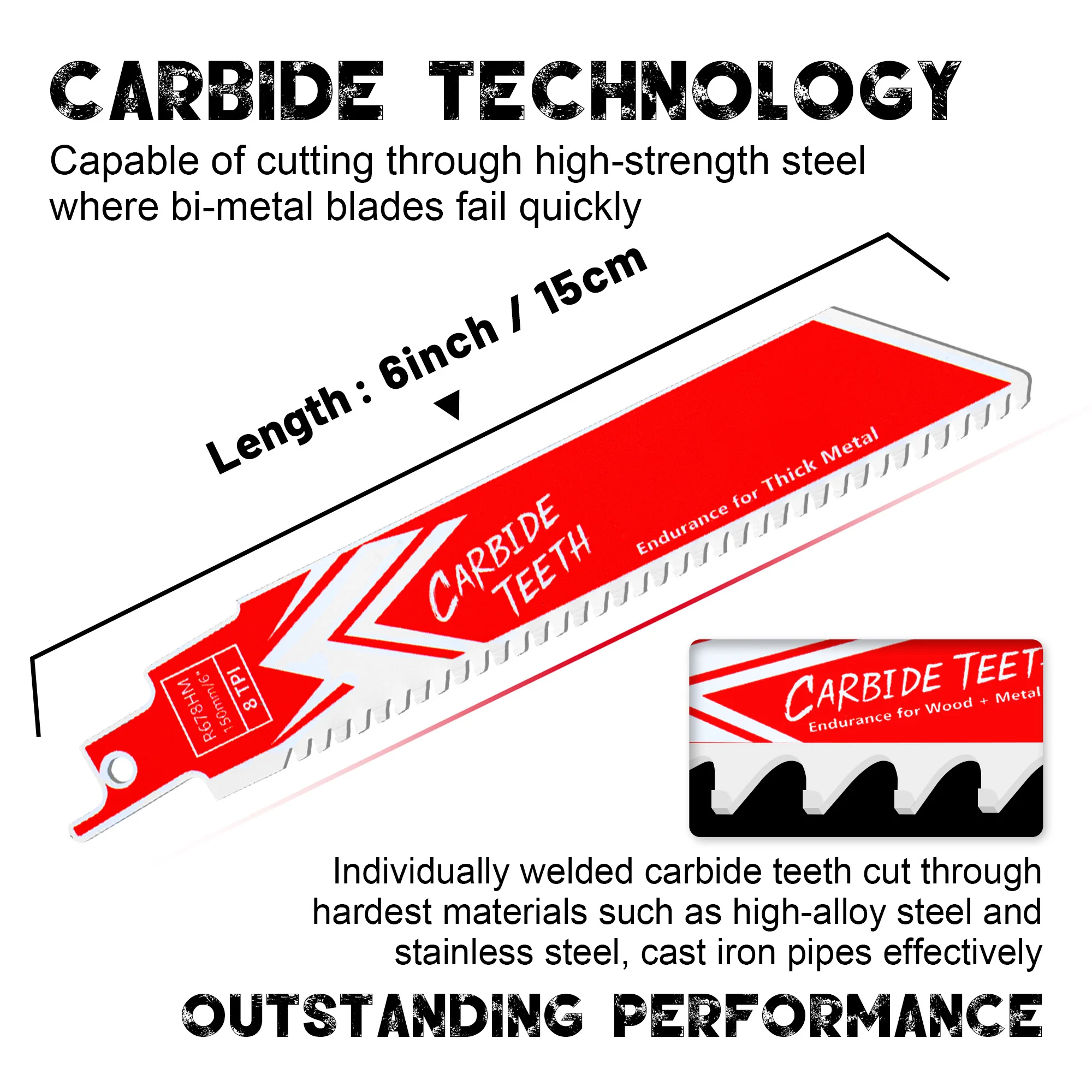 3PCS Carbide Reciprocating Saw Blades 6-Inch 8TPI R678HM Endurance for Thick Metal, Cast Iron, Alloy Steel