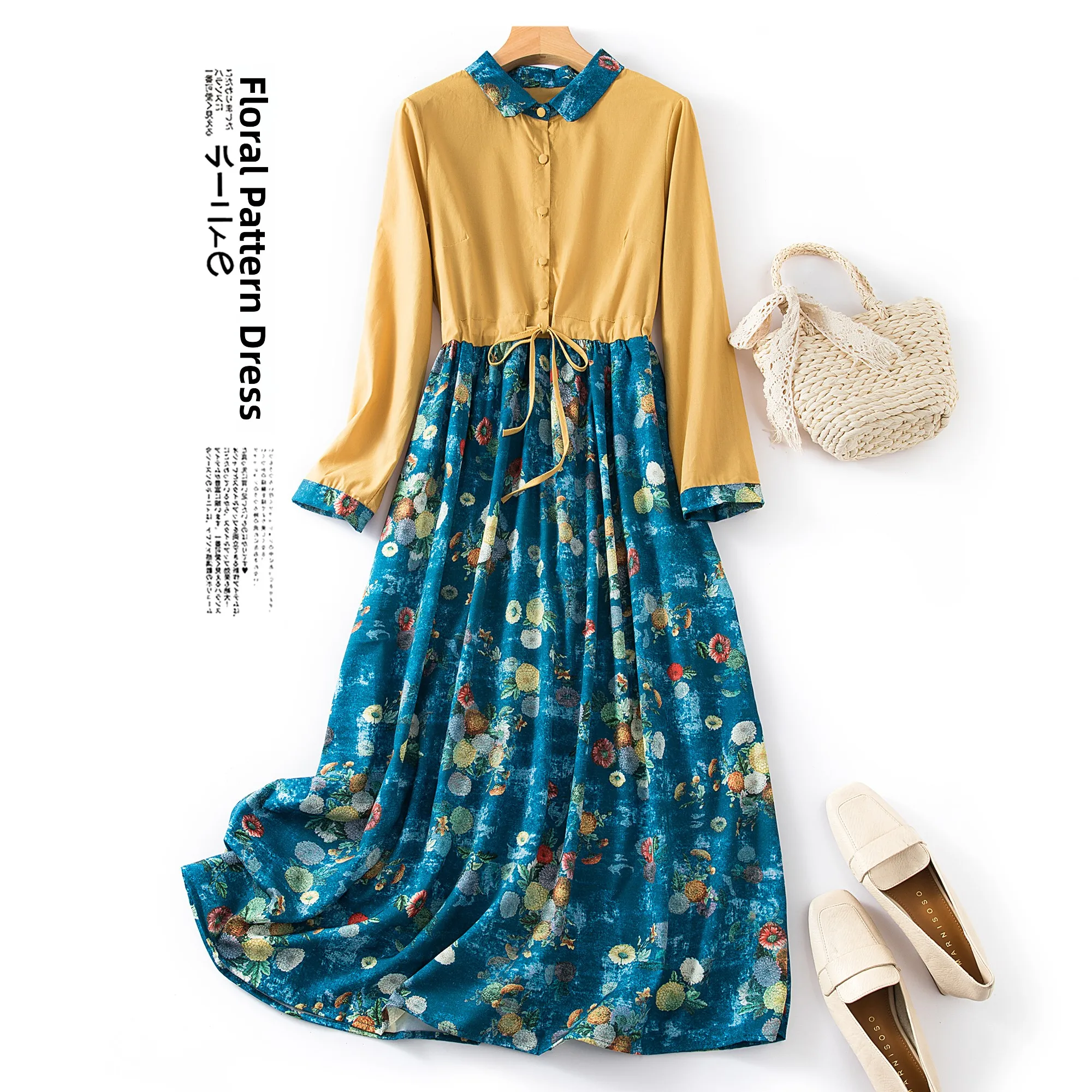 Ele القطن الكتان الدكتور المرأة ربيع الخريف المطبوعة الخصر حزام Cinched طويل الدكتور طوق ألف خط تنورة تسع نقاط S...