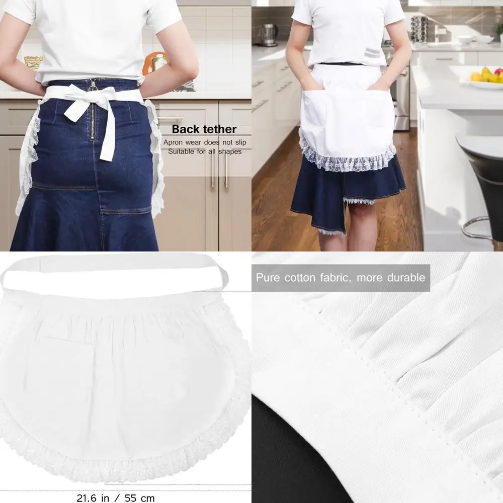 Delantal de media cintura de algodón con bolsillos para mujer: ideal para cocina, cocinar, servir y donas en restaurantes y cafeterías