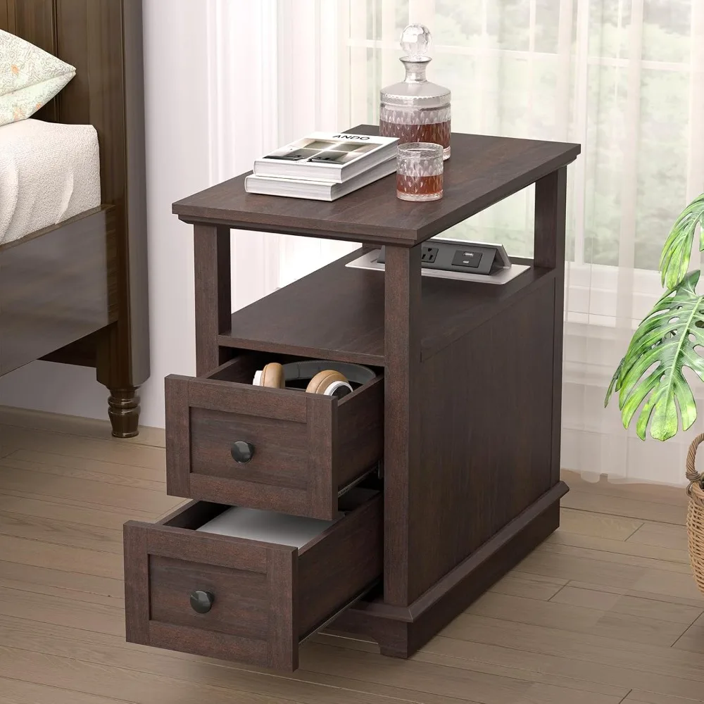 طاولة نهاية محطة شحن قابلة للطي من HIFYOBRO مع درجين ومنفذ USB وType-C، خشبية #6