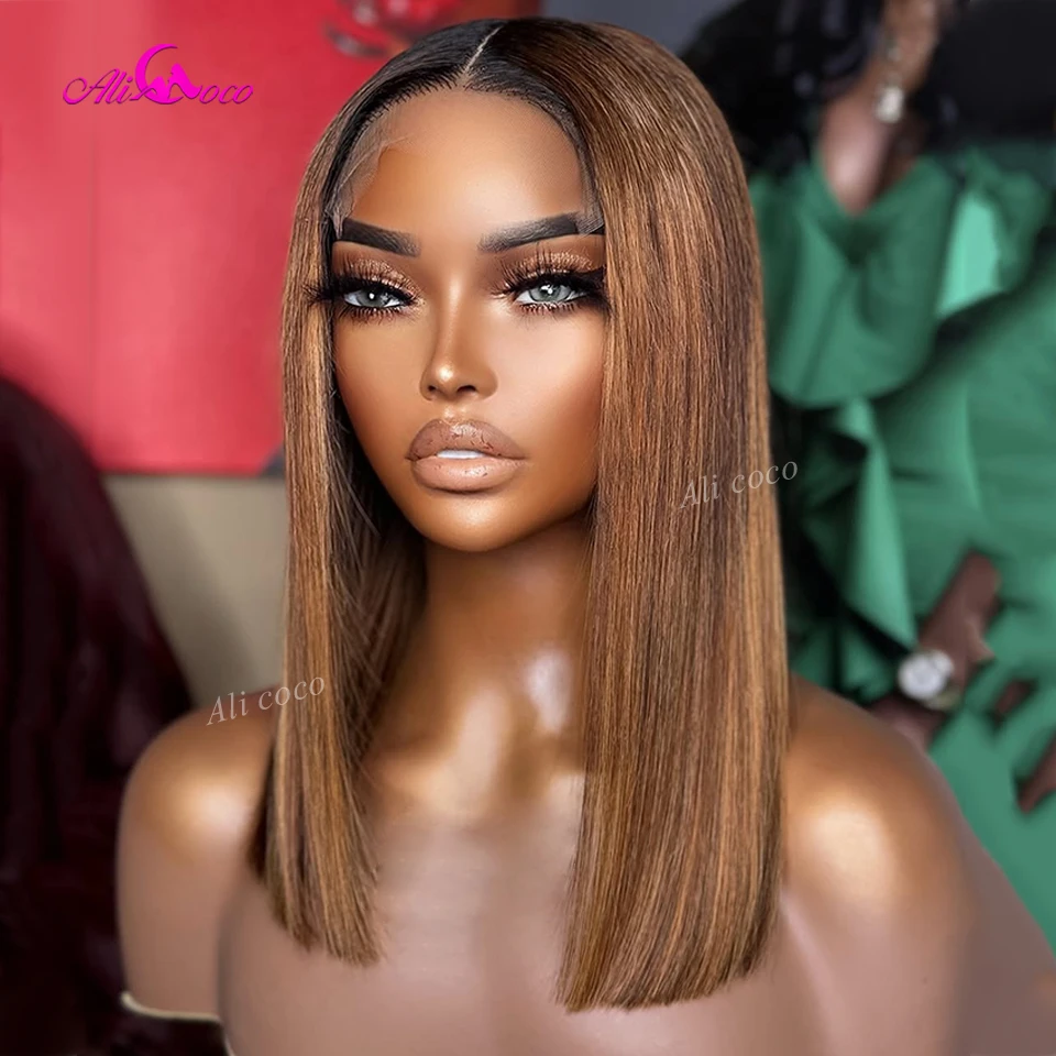 

180 Density Ombre Brown Orange Colored Bob Straight Human Hair Wig 13x4 Transparent Lace Frontal Wigs with Dark Roots for Women