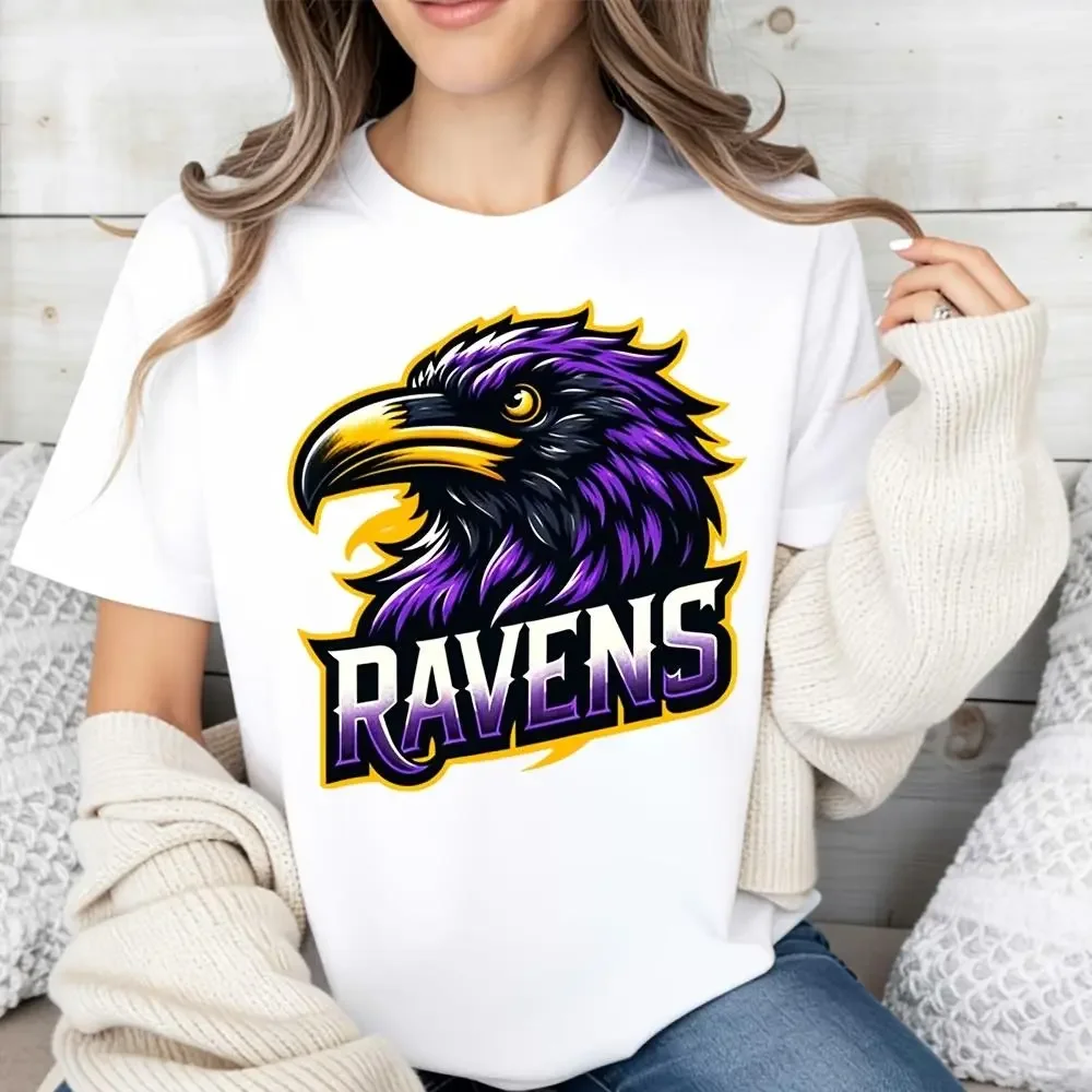 Purple Raven Head Graphic And Ravens Text, T-Shirt, Sports Team Mascot Design, Casual Daily Wear And Game Day Outfit