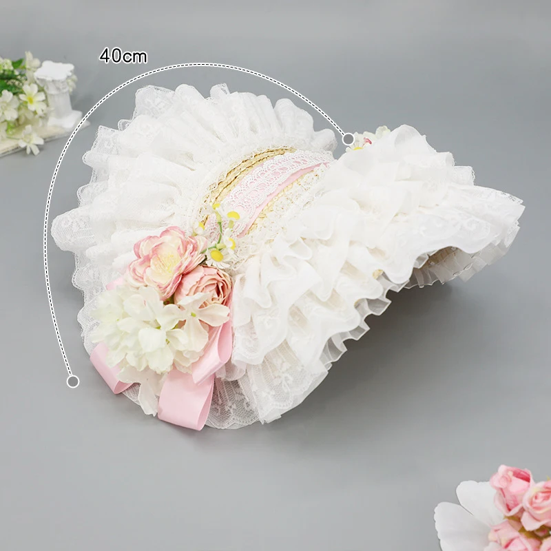 French Lolita Bonnet Hat Handmade Tea Party Headwear Vintage Cottagecore Straw Hat Girls Adjustable Headpiece Costume Accessory 4