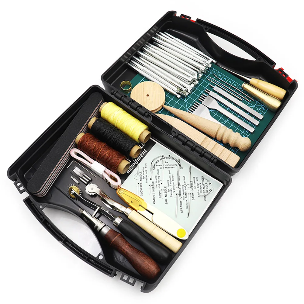 

Leather Craft Tools Kit Wax Ropes Needles Hand Sewing Stitching Punching Cutting Sewing Leather Craft Making Tools Set