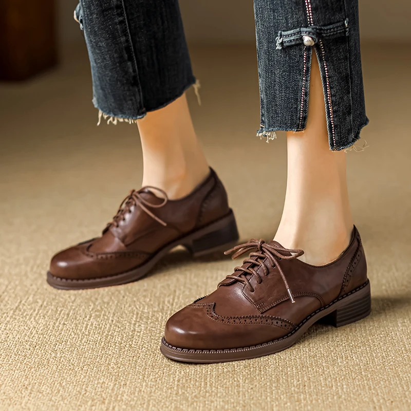 2024 Kobiety Czółenka Oksfordzie Jesienne Buty Dla Kobiet Oryginalne Skórzane Brogues Retro Sznurowane Mokasyny Casualowe Ręcznie Robione Czarne