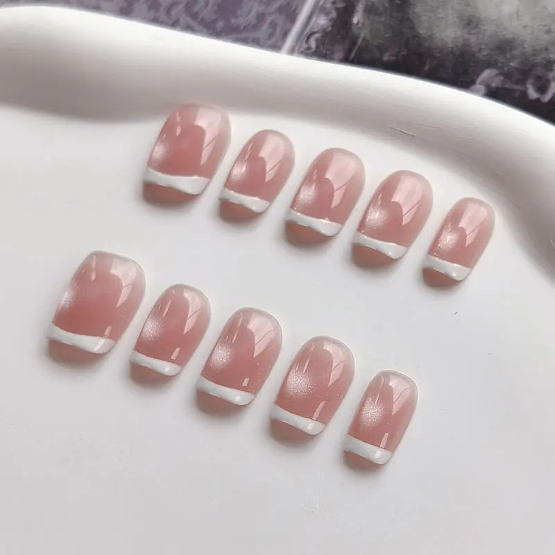 10 Stück Französischer Stil Rosa Katzenaugen-Optik mit Weißem Rand Aufklebbare Nägel Tragbare Nägel Kurze Quadratische Kunstnägel Wiederverwendbare Nägel – Detail 8