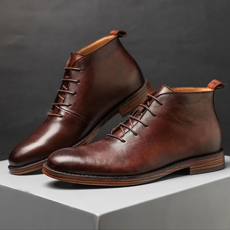 Ankle Boots For Men High Quality Genuine Leather Shoes Elegant Lace Up Business Office Footwear High Top Dress Shoes