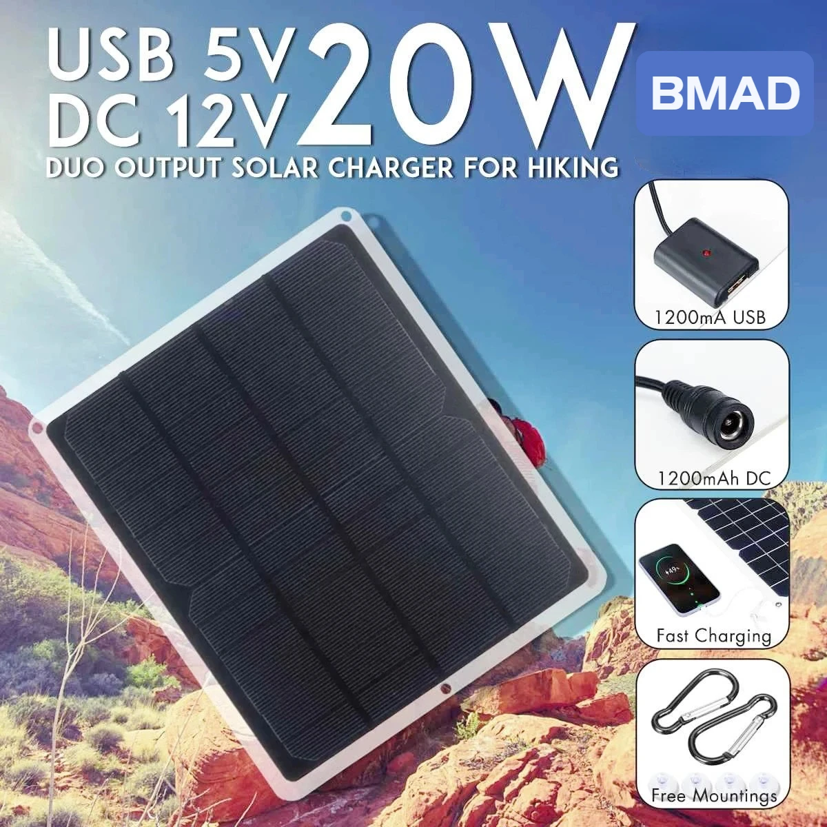 20W12V Portable Solar Panel Suitable for Outdoor Camping Emergency Power Supply, Mobile Phone Power Bank with USB Interface