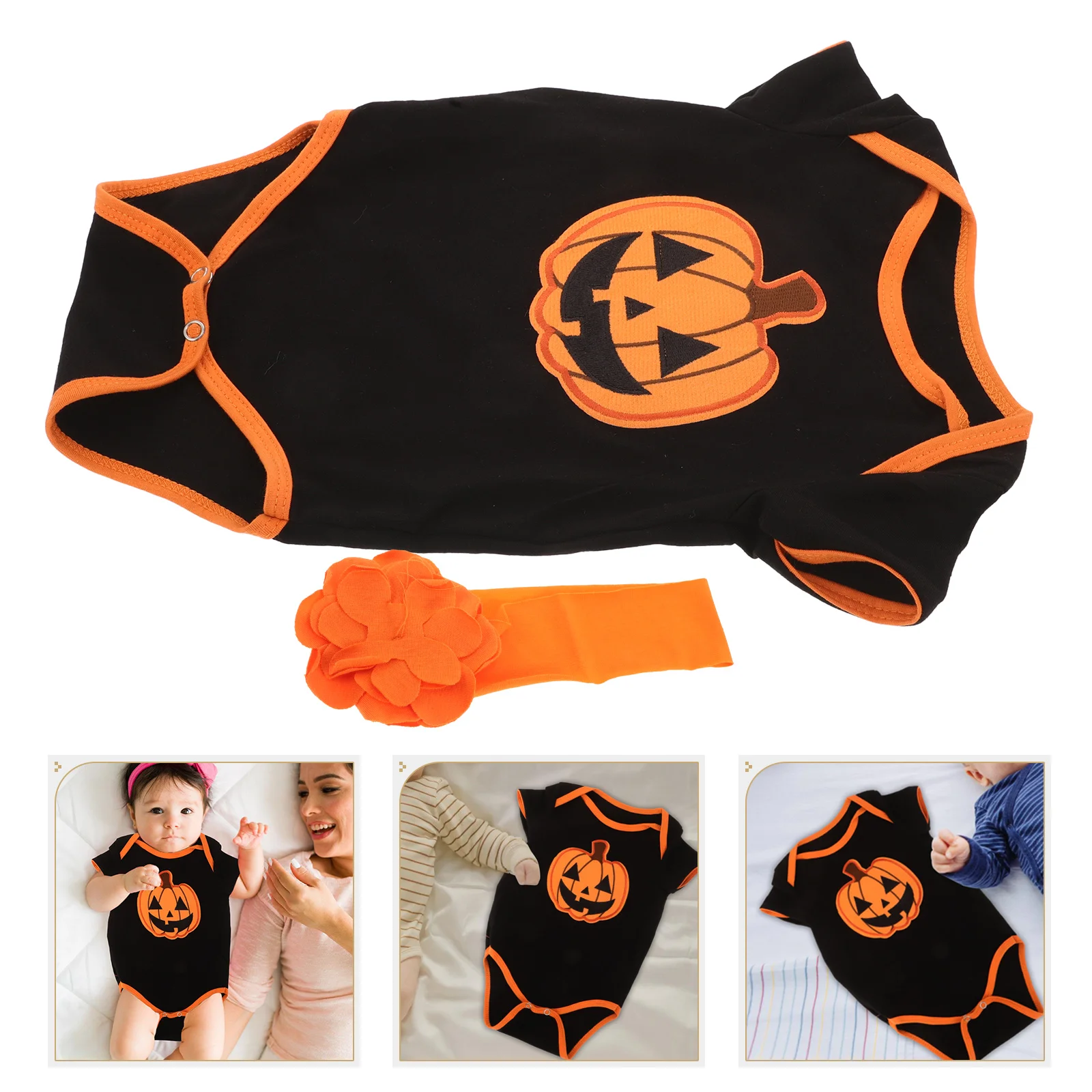 

Cute Baby Halloween Pumpkin Costume Romper Set Infant Fall Party Outfit Short Sleeve Orange Bodysuit Headband Newborn Halloween