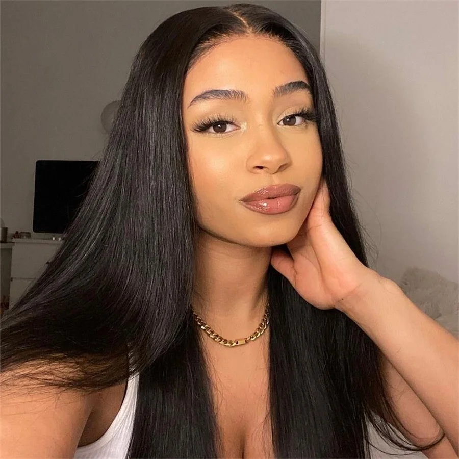

200 Density Bone Straight Brazilian Remy Human Hair Wigs For Women Natural Color Middle Part Human Hair 13x1 Lace Front Wig