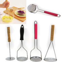 Wooden Handle Stainless Steel Potato Masher with Broad Mashing Plate Mashed Potatoes Making Tools Fruit Vegetable Press Crusher