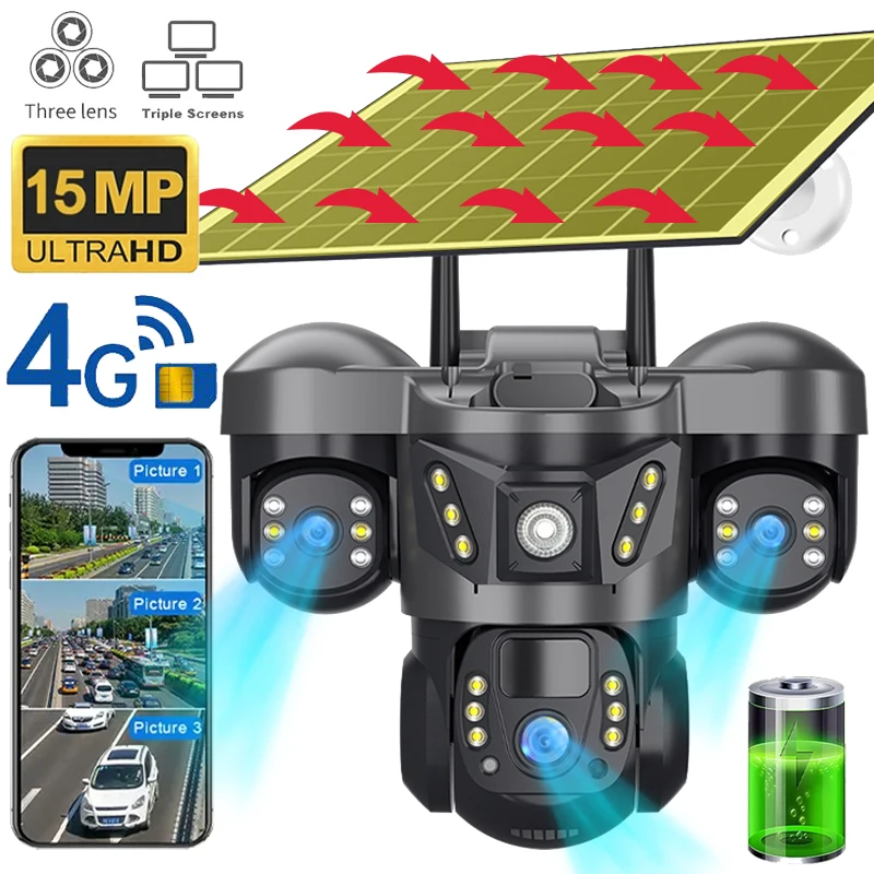 

15-мегапиксельная камера с тремя объективами, 4G, солнечная энергия, уличный водонепроницаемый PIR, обнаружение гуманоидов, видеомонитор безопасности, V380, наблюдение за аккумулятором