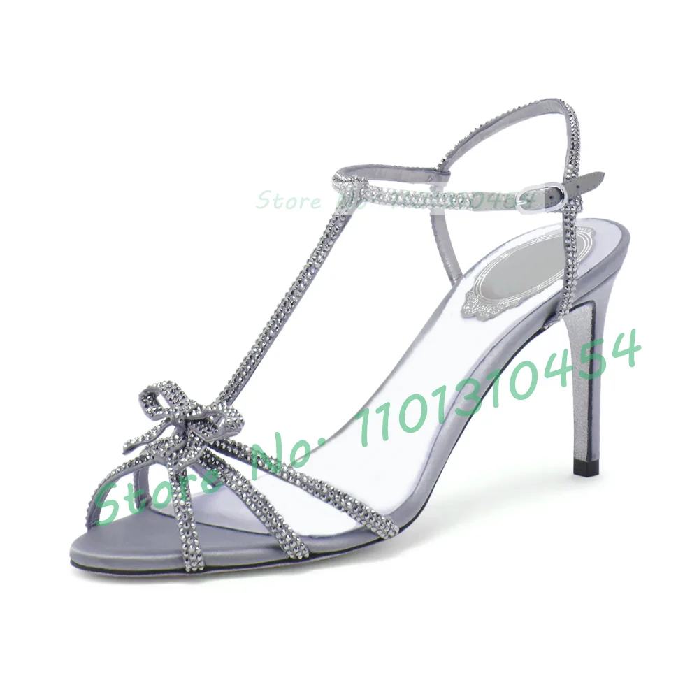 Crystal Bow T-bar Satin Sandals Women Glitter Sole Wedding Party Bridal Luxury High Heel Shoes Ladies Trending Open Toe Pumps