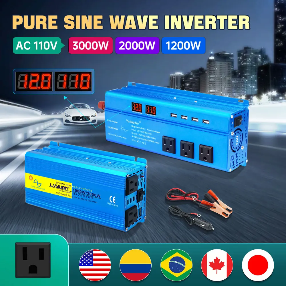 

AC110V LVYUAN Inverter Pure Sine Wave DC12V Car Inversor For Home/Outdoor Fan Chainsaw Power Converter 60Hz