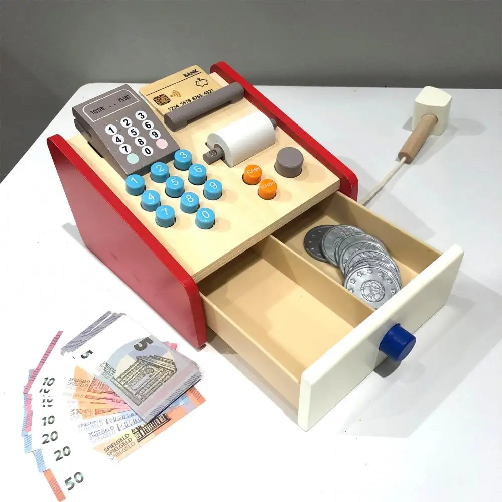 Wooden Cash Register Set with Accessories Creative Montessori Role Play Toy for Girls Boys Play House Toys Credit Card Machine