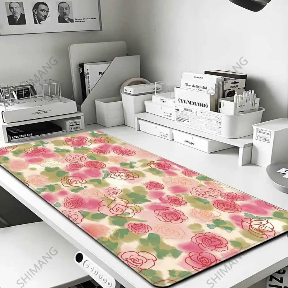 

Mouse Pad Gamer Cartoon Green Leaves Pink Flower XL Computer Large New Mousepad XXL keyboard pad Soft Carpet Non-Slip Table Mat