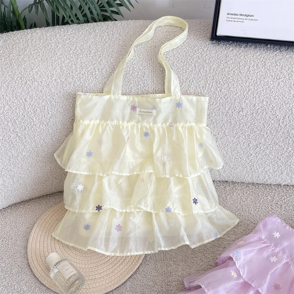 Kawaii Flower Embroidered Tiered Tote Bag Sweet Ruffle Mesh Shoulder Handbag Cute Princess Style Large Women Daily Purse