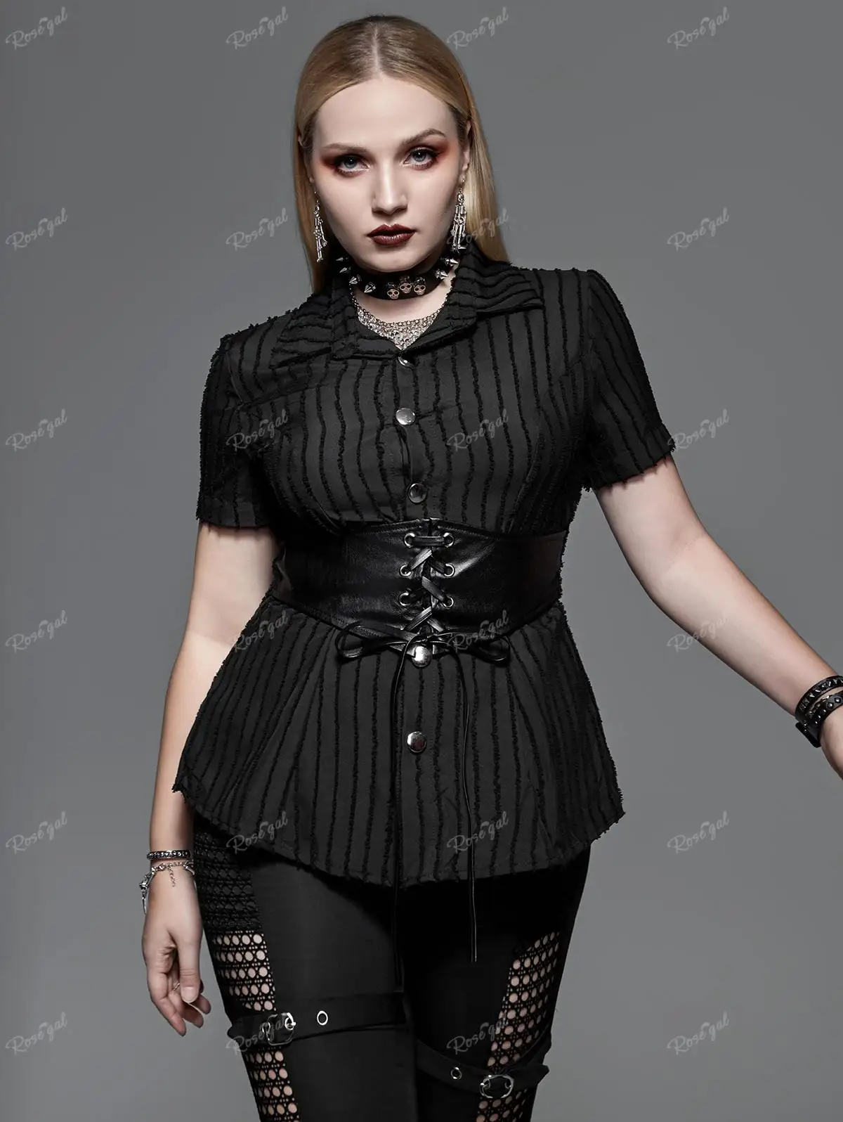 ROSEGAL Gothic Jacquard Lace-up Corset Shirt Black 2023 Summer Fashion New Tops For Women Plus Size Streetwear Blouse Tee 4XL