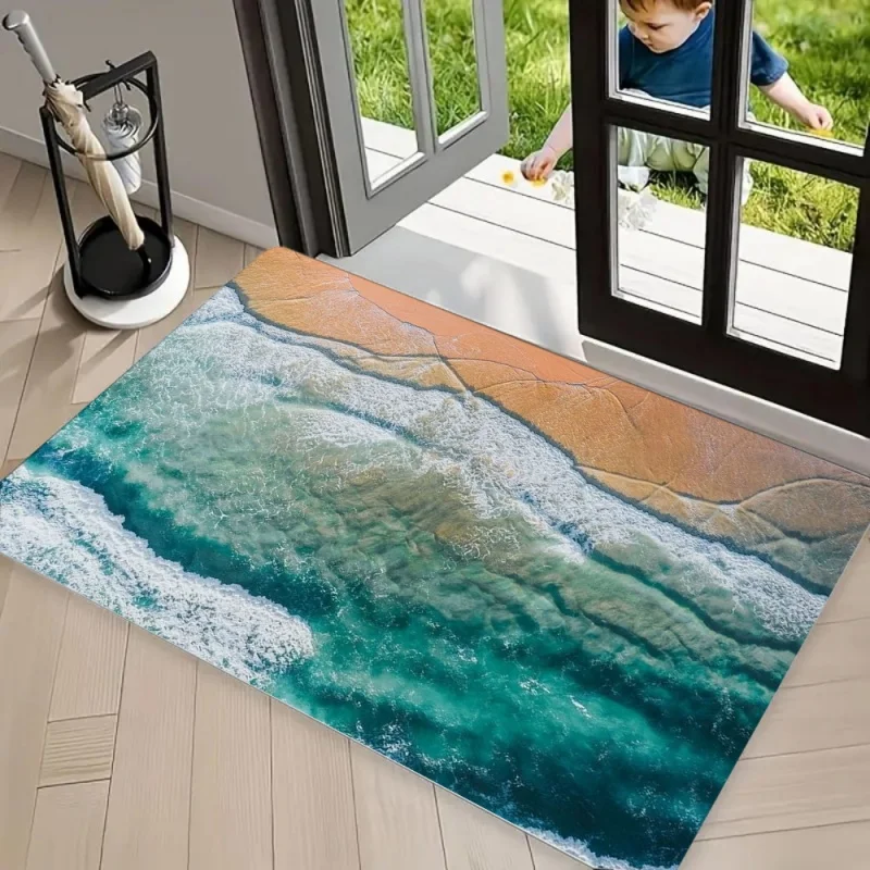Floor Mat Realistic Seawater & White Foam Design Washable Entry Doormat Summer Tropical Beach Surf Area Rug CarpetNon Slip