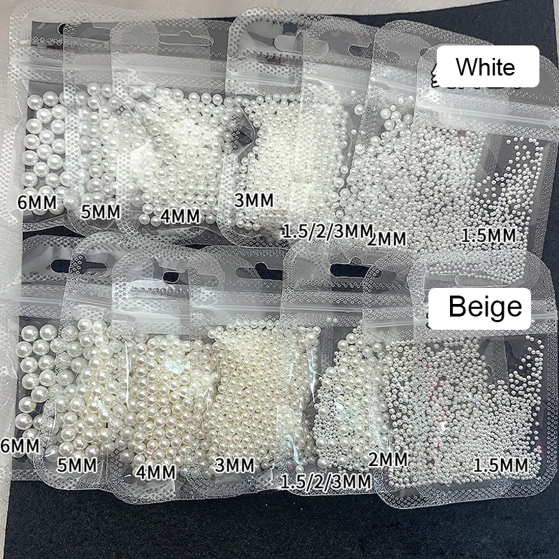 200/500pcs/bag White Pearls Nail Beads Rhinestone Round Mixed Size Beige Pearls for DIY Manicure Decoration Bead Nail Decoration