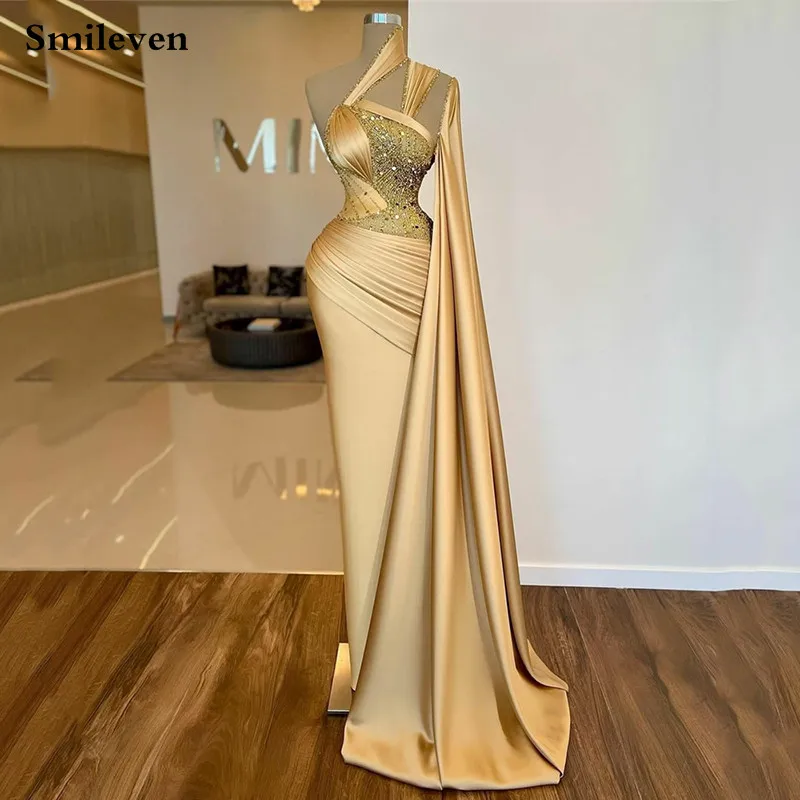 Smileven Golden Mermaid Prom Dresses Shiny Beading Evening Gowns Saudi Arabia Long TrainParty Dress 2023