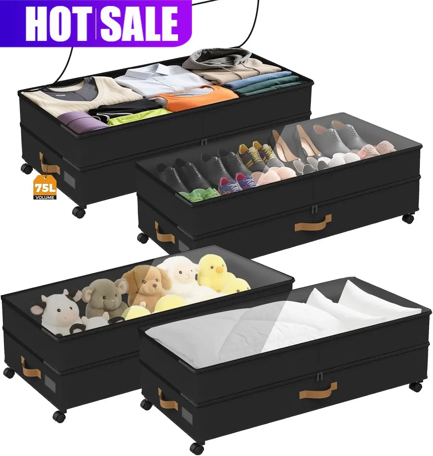 Under Bed Storage with Wheels 4-Pack, 75L XXL Under the Bed Storage Containers Large, 12