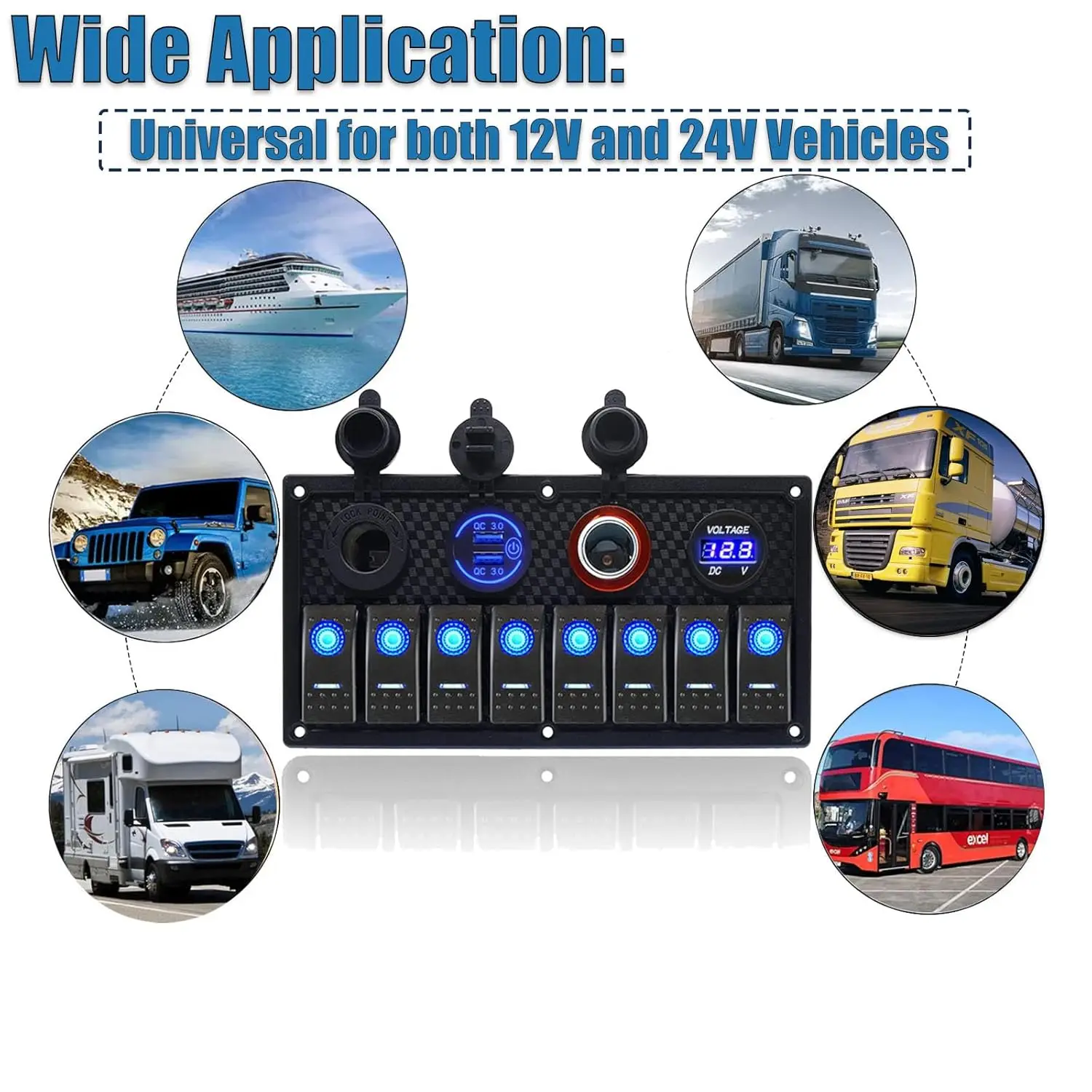 Novo design 8 gangues AI painel de interruptor rocker duplo QC 3.0 USB tomada de carregador de carro com display de tensão