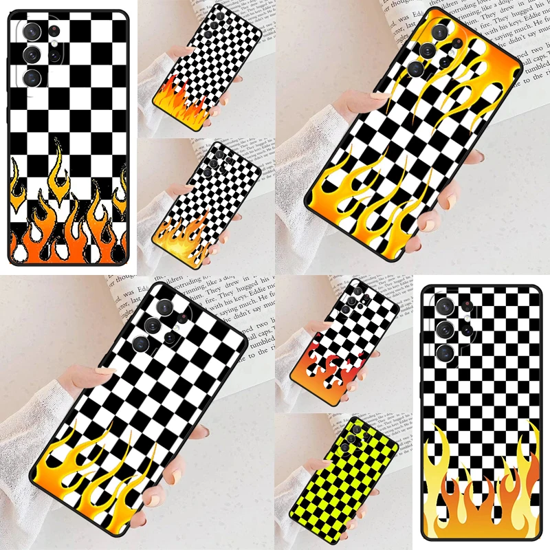 Checkered Checkerboard Flame Phone Case For Samsung Galaxy S24 S23 S22 S21 Ultra S10 Note 10 Pro S20 Plus FE S9 S8 Cover