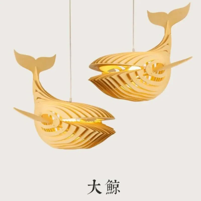 

Big Wooden Fish Pendant Lamp E27 Wood Whale Hanging Light Chanderlier Fish Light for Kids Room Japanese Sushi Bar Lighting