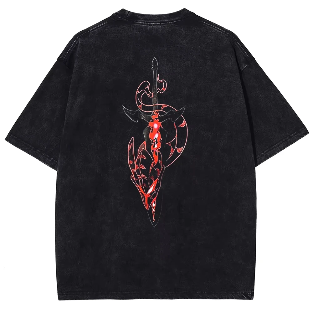 اريز سولو التسوية تي شيرت مانغا الجرافيك تي شيرت خمر غسلها القطن بلايز قصيرة الأكمام المتضخم المحملة الرجال النساء الملابس #2