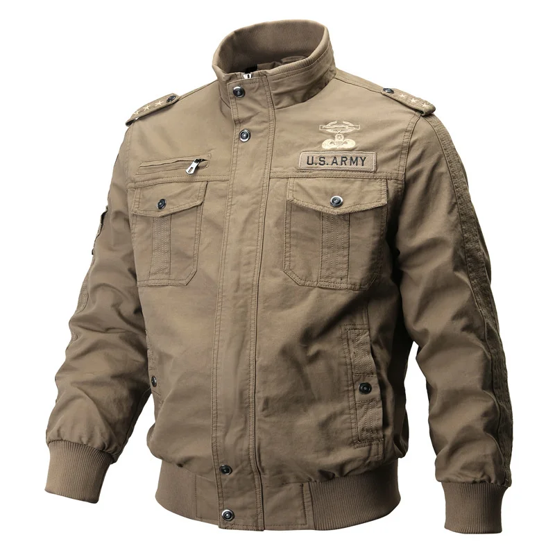 Spring Autumn Men's Cargo Jacket Flight Coat Washed Cotton Military Pilot Green Outerwear Male