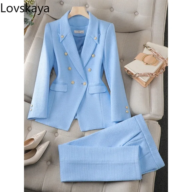 

Blazer and Trouser Set for Women, Formal Jacket and Pant Suit, Blue, Khaki, Black Plaid, Ladies Work Wear, Winter Fashion, 2 Pcs