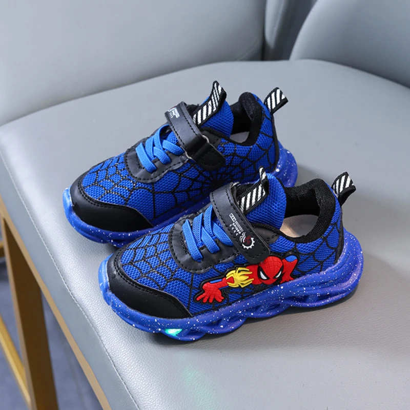 Spring Autumn Boys Spiderman Mesh Breathable Sport Shoes Disney LED Children\'s Sneakers Kids Casual Shoes Light Shoes for 0-6Y