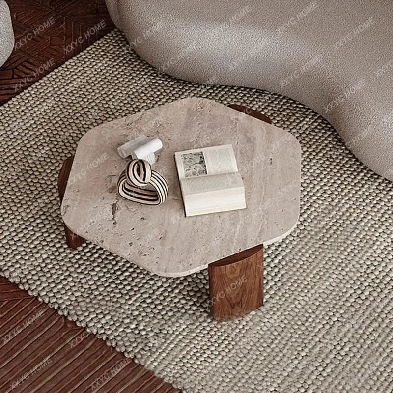

Home solid wood coffee table natural Roman travertine living room wabi-sabi wind marble tea table