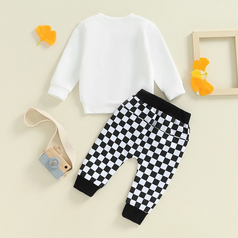 2024-05-31 Lioraitiin Toddler Boys Checkered Set Letter Print Long Sleeve Round Neck Tops Pocket Long Pants 2-Piece Outfits image 3