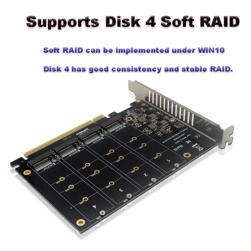 M.2 NVME PCIE 3.0 4.0 Transmission Protocol Expansion Card 4x32Gbps PCIE RAID Support 2230 2242 2260 228 PCIE X16 to 4NVME
