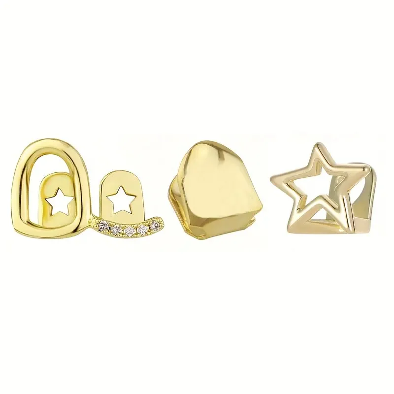 3Pcs HipHop Teeth Accessories for Star Glitter and Hollow Synthetic Zirconia Combination Teeth Jewelry Unisex Holiday Party Gift