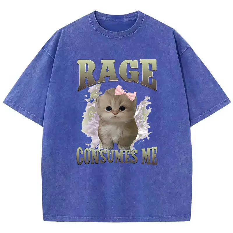 Oversize T Shirt Vintage Washed 100% Cotton T-Shirt Rage Consumes Me Cat Graphic Tee Casual Streetwear Spring Summer Shirt