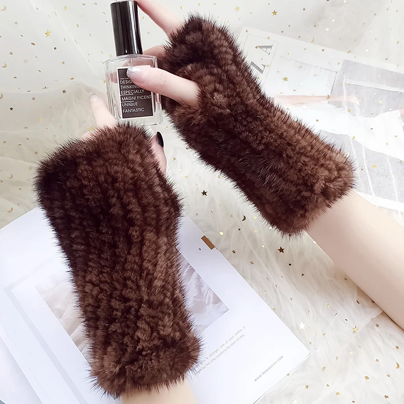 Real Mink Fur Gloves Winter Women's Half Finger Fur Gloves Thickened Handmade Knit Mink Fur Gloves ladyOutdoor Warm Fur Gloves