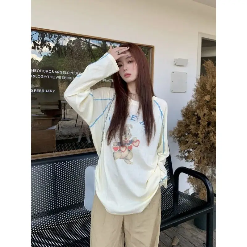 Original Cute Rabbit Print Long Sleeve T-Shirt Women's Loose Casual Overhead Mid-Length Spring Fashion Korean Style Cotton Blend
