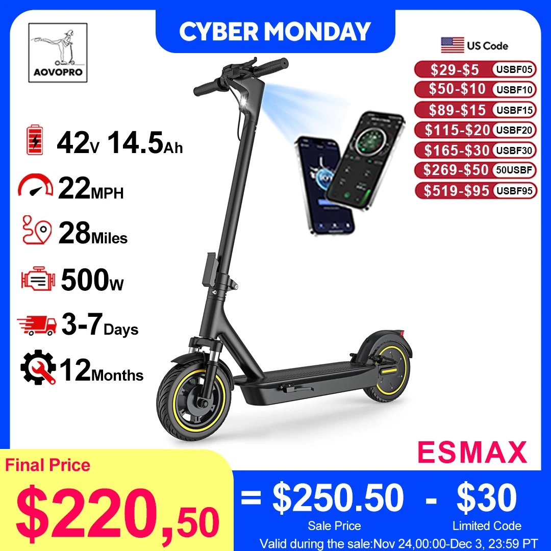

AOVOPRO New ESMAX Electric Scooter 500W 22MPH Adult APP Smart Scooter 28 miles Range Shock-absorbing Anti-skid Folding E-Scooter