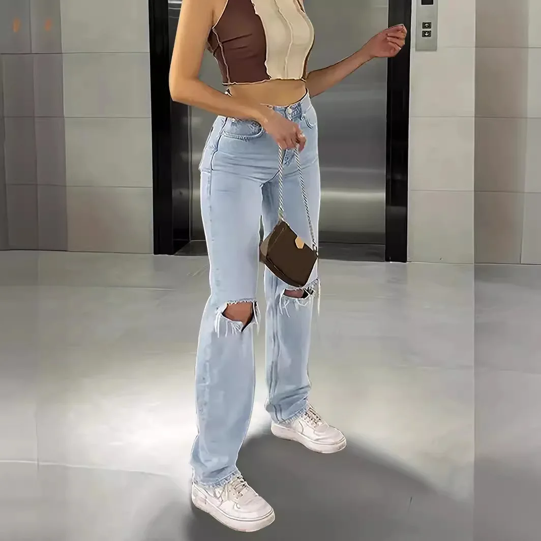 YJKDYK Ankle Length Ripped Holes Jean Straight Jeans Women High Waist Denim Pants Loose Washed Distressed Zipper Fly Streetwear